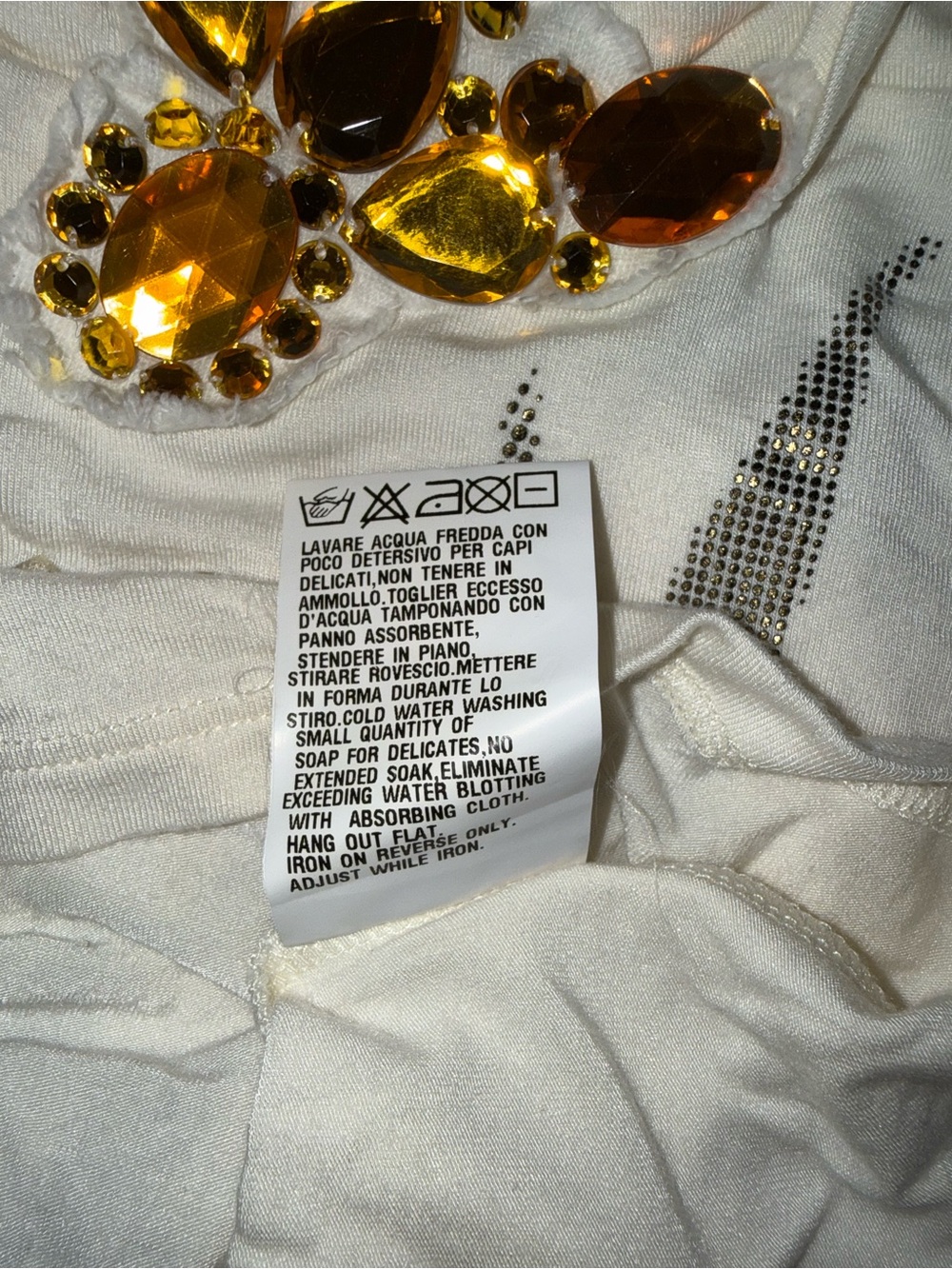 White Off Shoulder Graphic Tee W/ Gold & Rhinestone Details, Made in Italy - Picture 8 of 8
